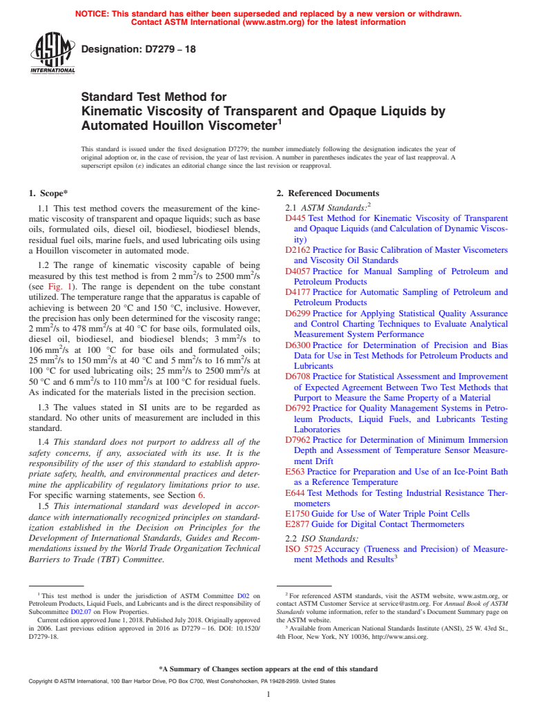 ASTM D7279-18 - Standard Test Method for  Kinematic Viscosity of Transparent and Opaque Liquids by Automated  Houillon Viscometer