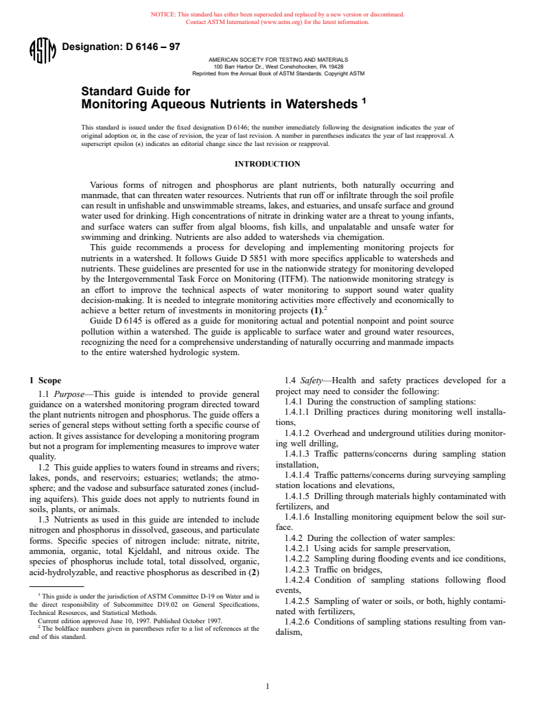 ASTM D6146-97 - Standard Guide for Monitoring Aqueous Nutrients in Watersheds