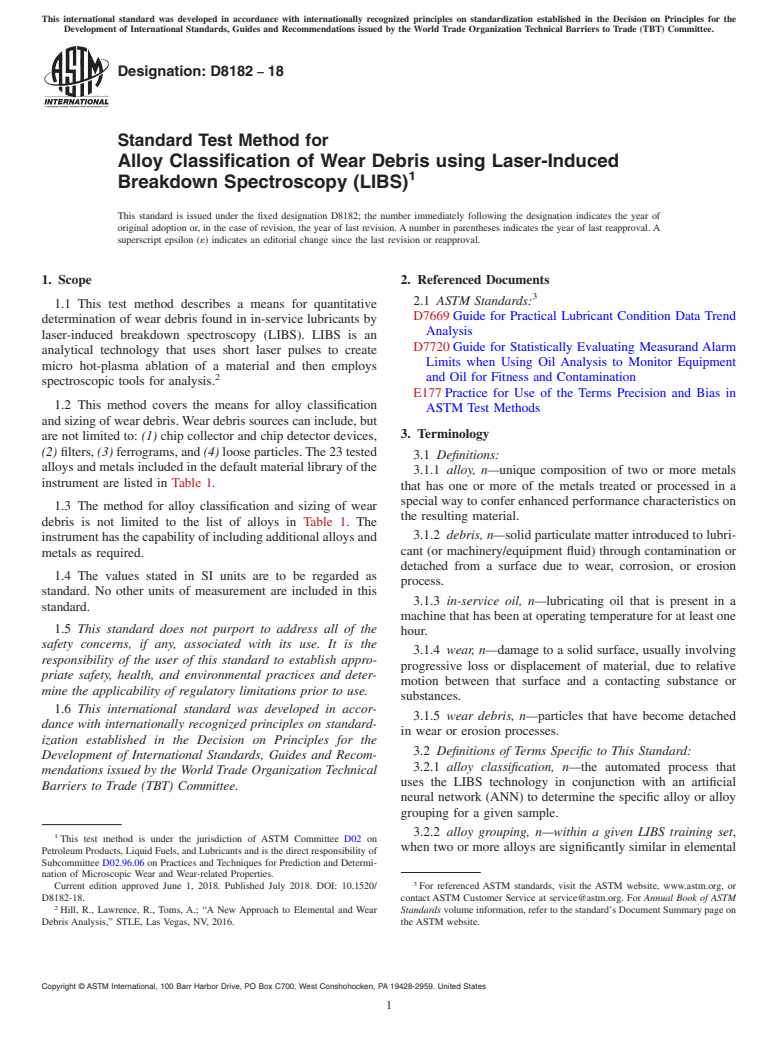 ASTM D8182-18 - Standard Test Method for Alloy Classification of Wear Debris using Laser-Induced Breakdown  Spectroscopy (LIBS)