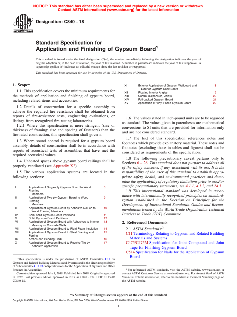 ASTM C840-18 - Standard Specification for  Application and Finishing of Gypsum Board