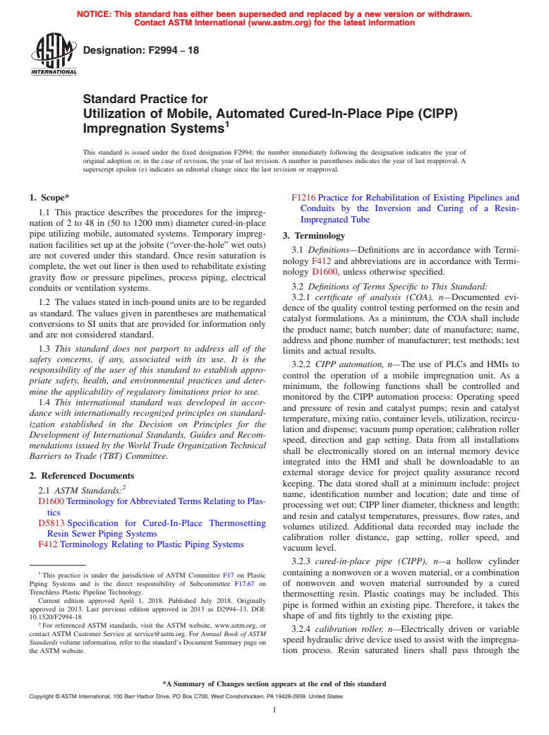 ASTM F2994-18 - Standard Practice for Utilization of Mobile, Automated Cured-In-Place Pipe (CIPP)  Impregnation Systems