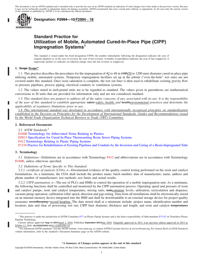 REDLINE ASTM F2994-18 - Standard Practice for Utilization of Mobile, Automated Cured-In-Place Pipe (CIPP)  Impregnation Systems