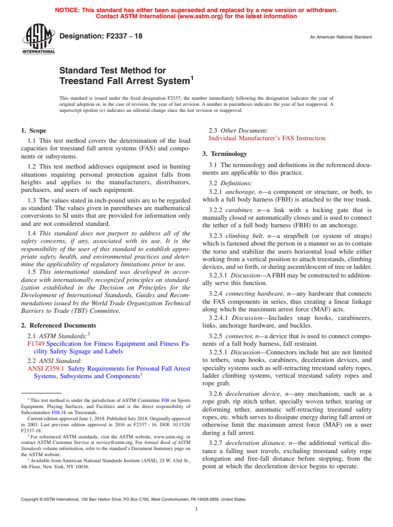 ASTM F2337-18 - Standard Test Method for  Treestand Fall Arrest System