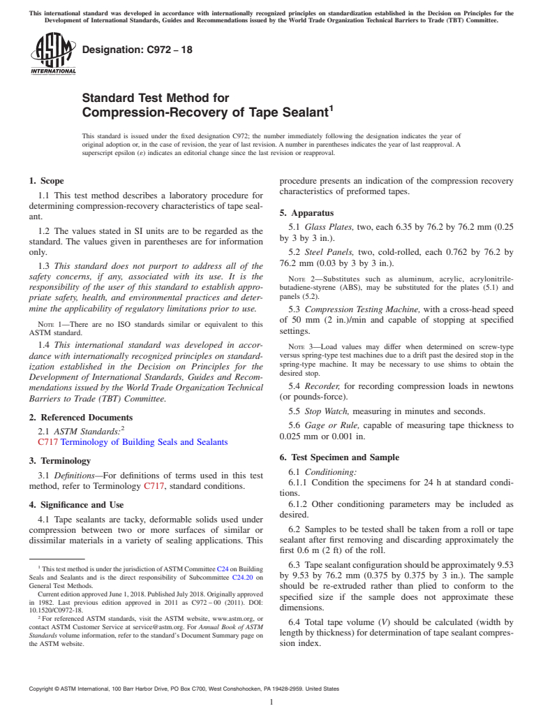 ASTM C972-18 - Standard Test Method for  Compression-Recovery of Tape Sealant