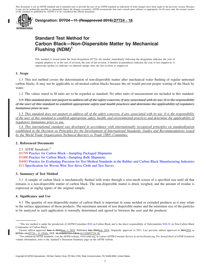 REDLINE ASTM D7724-18 - Standard Test Method for  Carbon Black&#x2014;Non-Dispersible Matter by Mechanical Flushing  (NDM)