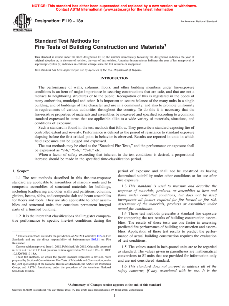 ASTM E119-18a - Standard Test Methods for  Fire Tests of Building Construction and Materials
