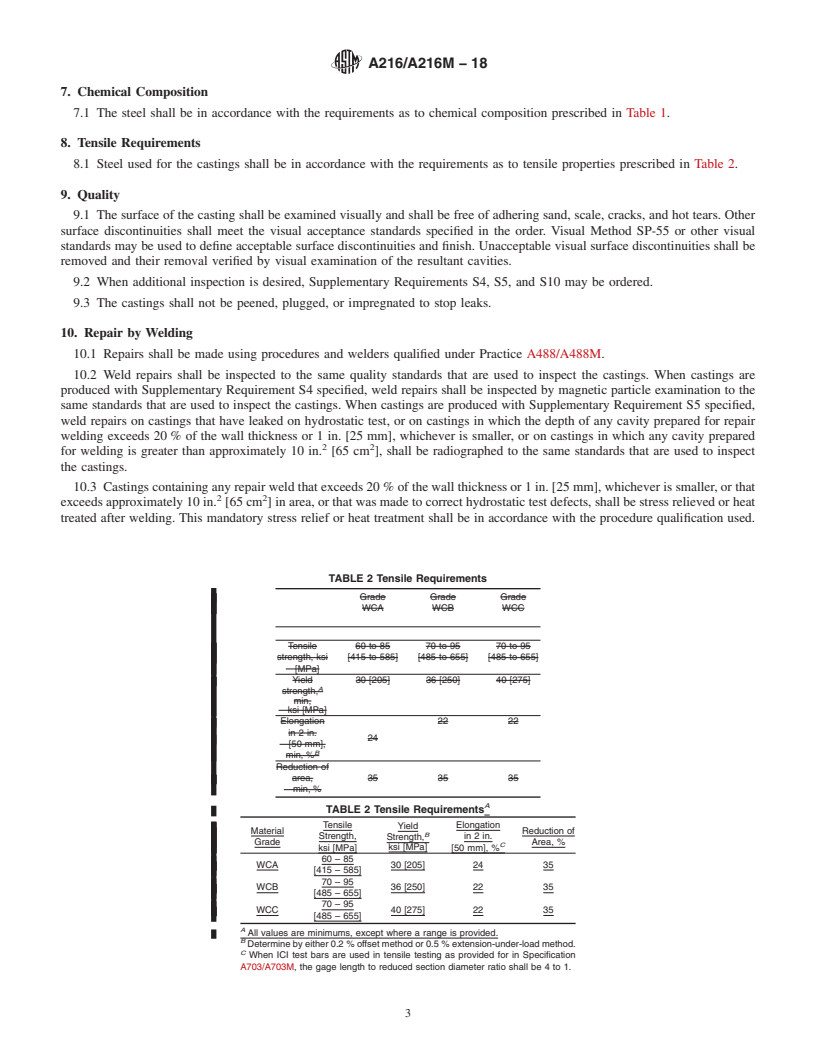 REDLINE ASTM A216/A216M-18 - Standard Specification for  Steel Castings, Carbon, Suitable for Fusion Welding, for High-Temperature   Service