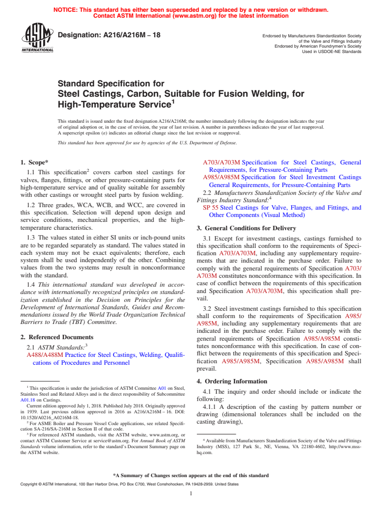 ASTM A216/A216M-18 - Standard Specification for  Steel Castings, Carbon, Suitable for Fusion Welding, for High-Temperature   Service