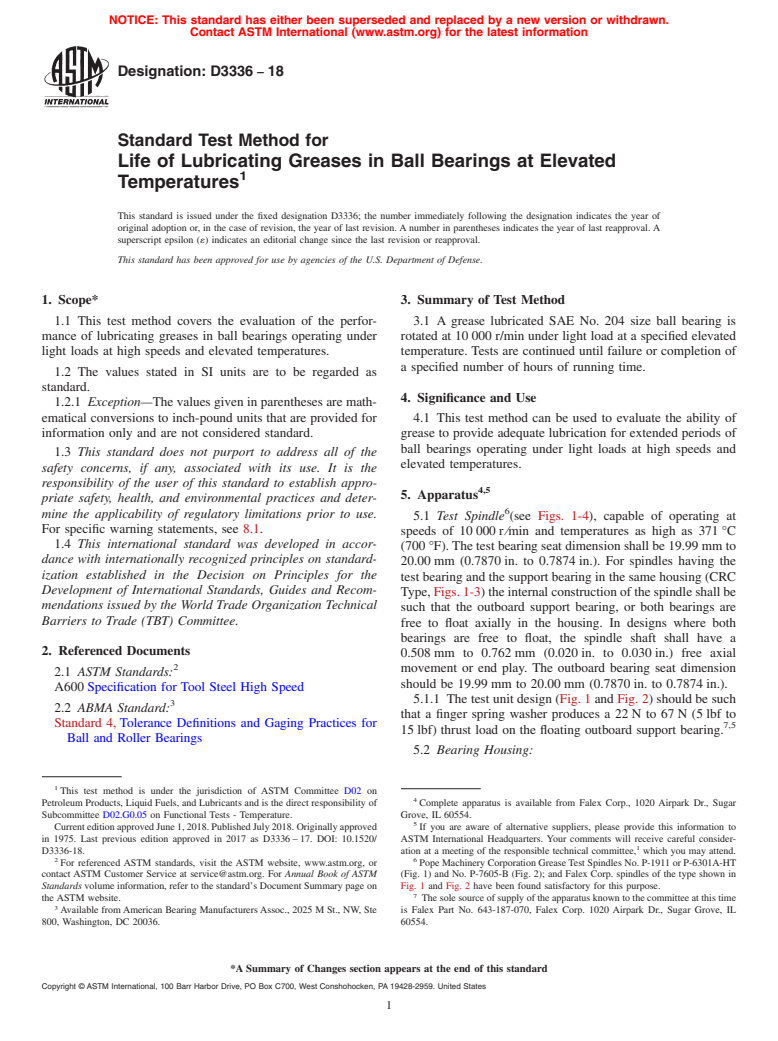 ASTM D3336-18 - Standard Test Method for  Life of Lubricating Greases in Ball Bearings at Elevated Temperatures