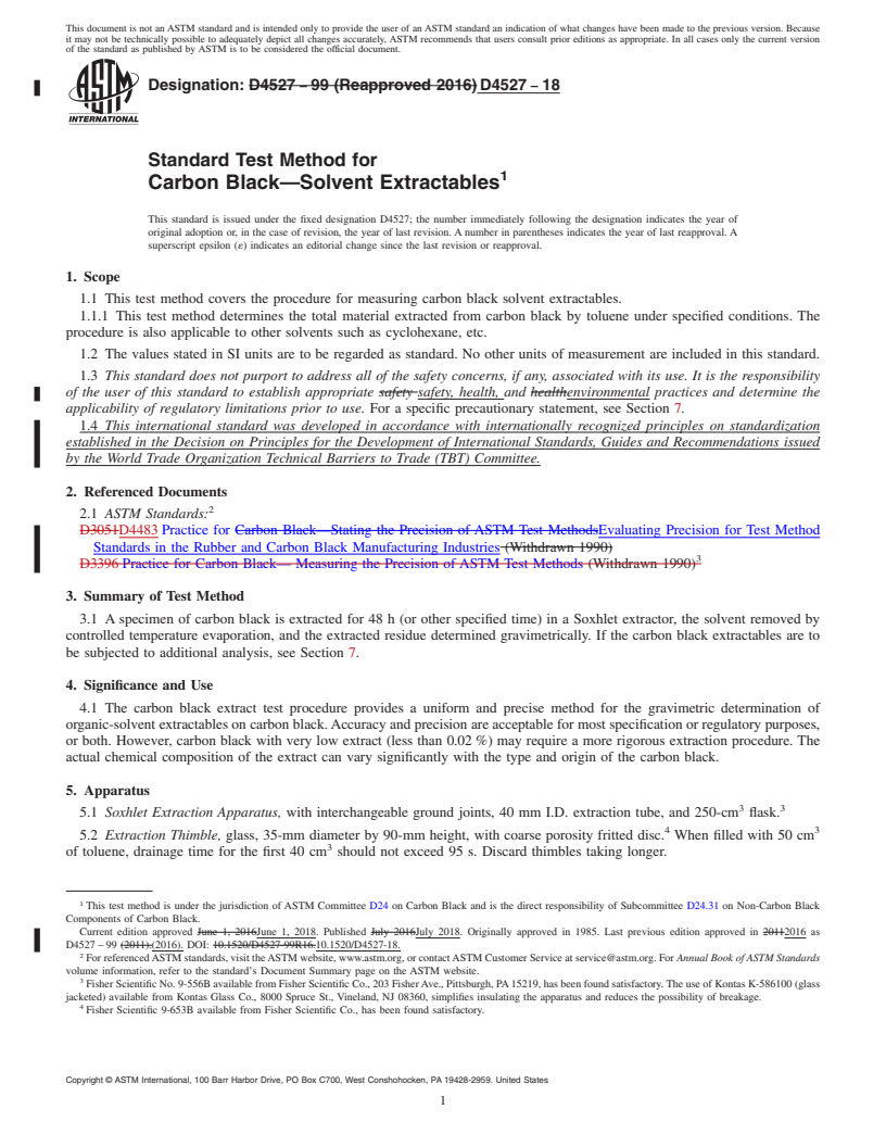 REDLINE ASTM D4527-18 - Standard Test Method for Carbon Black&#x2014;Solvent Extractables