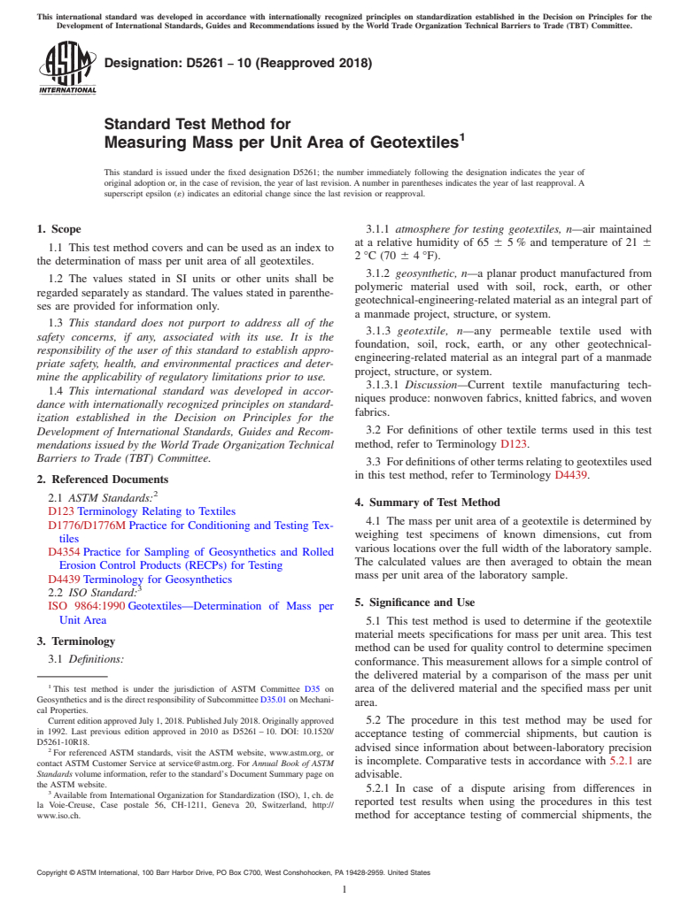 ASTM D5261-10(2018) - Standard Test Method for  Measuring Mass per Unit Area of Geotextiles