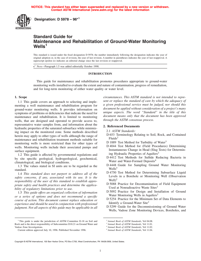 ASTM D5978-96e1 - Standard Guide for Maintenance and Rehabilitation of Ground-Water Monitoring Wells