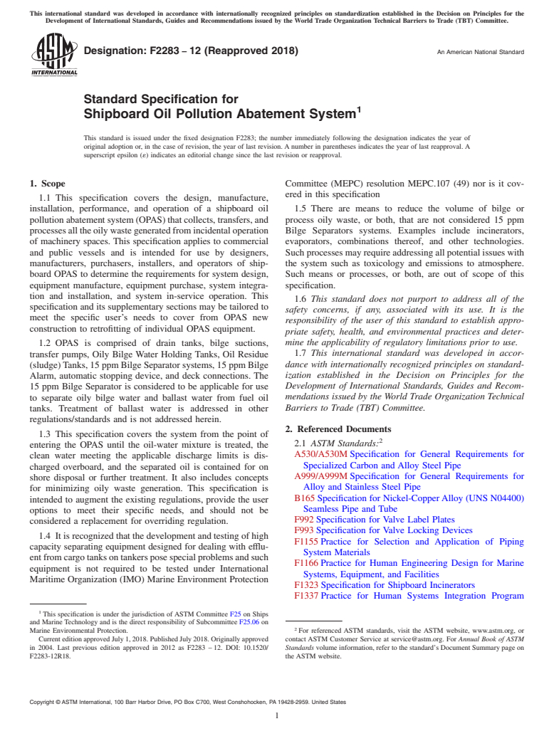 ASTM F2283-12(2018) - Standard Specification for  Shipboard Oil Pollution Abatement System