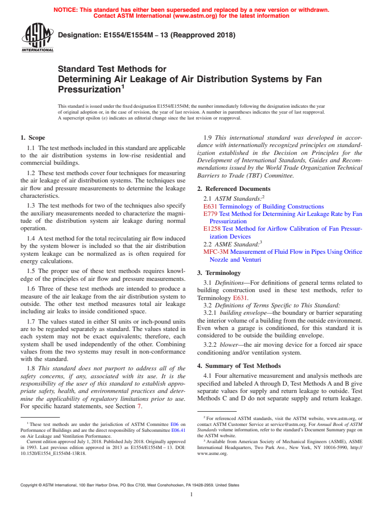 ASTM E1554/E1554M-13(2018) - Standard Test Methods for Determining Air Leakage of Air Distribution Systems by Fan  Pressurization