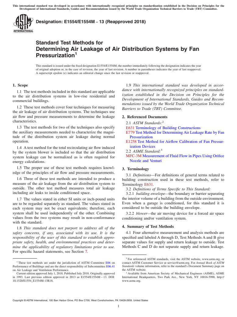 ASTM E1554/E1554M-13(2018) - Standard Test Methods for Determining Air Leakage of Air Distribution Systems by Fan  Pressurization