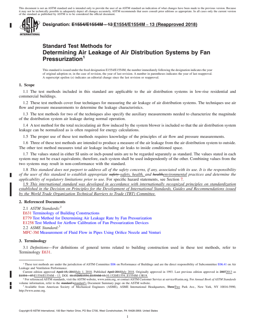 REDLINE ASTM E1554/E1554M-13(2018) - Standard Test Methods for Determining Air Leakage of Air Distribution Systems by Fan  Pressurization