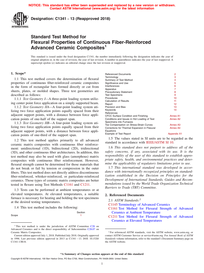 ASTM C1341-13(2018) - Standard Test Method for  Flexural Properties of Continuous Fiber-Reinforced Advanced   Ceramic Composites