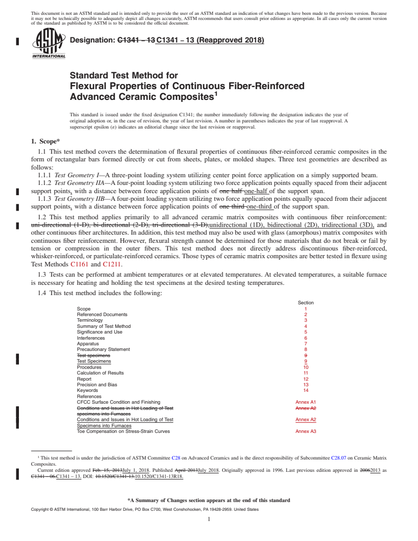 REDLINE ASTM C1341-13(2018) - Standard Test Method for  Flexural Properties of Continuous Fiber-Reinforced Advanced   Ceramic Composites