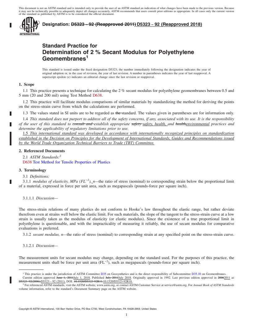 REDLINE ASTM D5323-92(2018) - Standard Practice for  Determination of 2&#x2009;% Secant Modulus for Polyethylene   Geomembranes