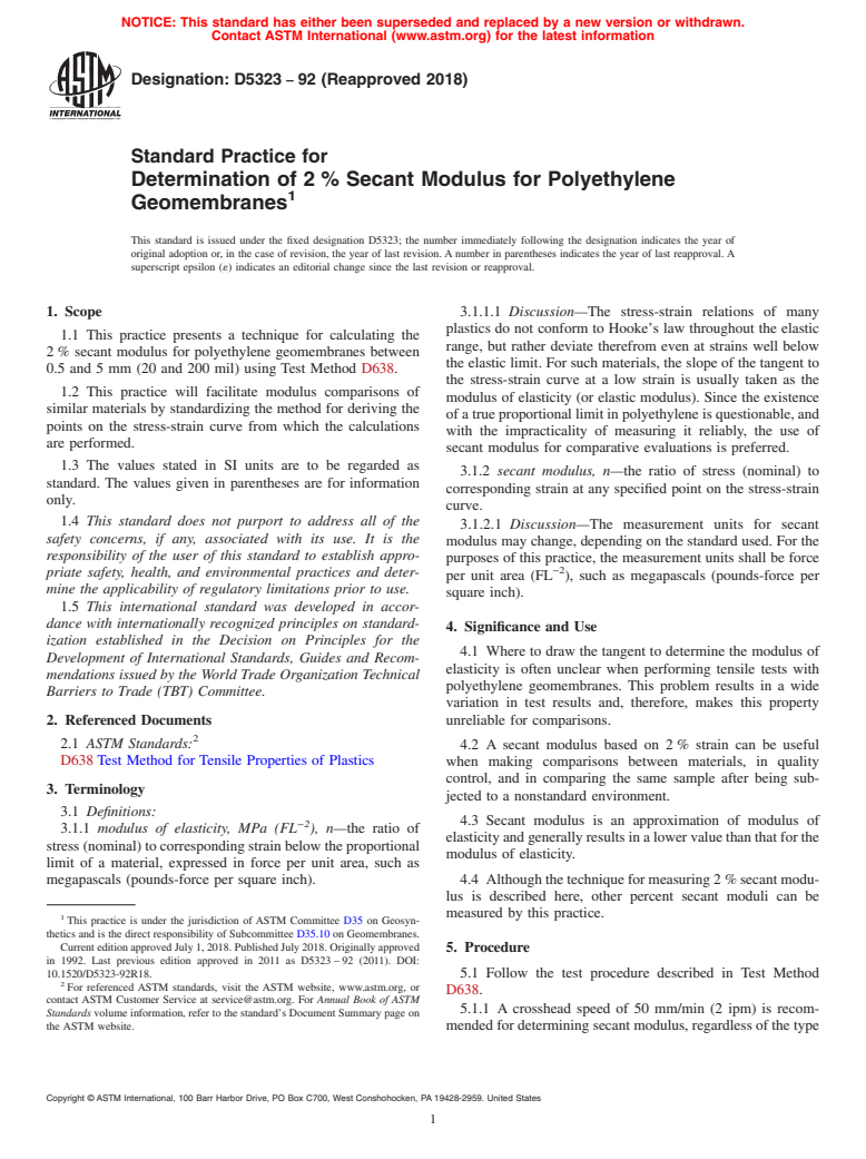 ASTM D5323-92(2018) - Standard Practice for  Determination of 2&#x2009;% Secant Modulus for Polyethylene   Geomembranes