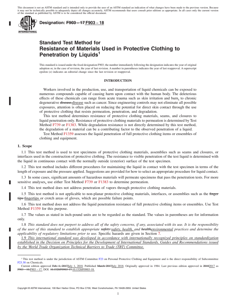 REDLINE ASTM F903-18 - Standard Test Method for  Resistance of Materials Used in Protective Clothing to Penetration  by Liquids