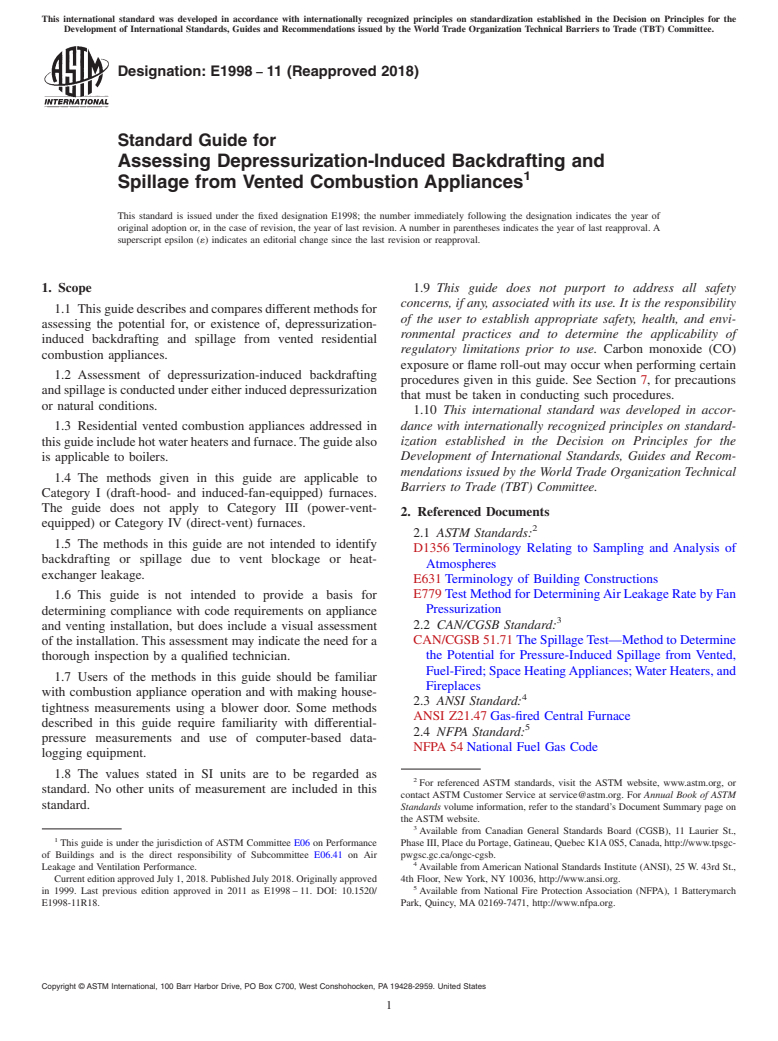 ASTM E1998-11(2018) - Standard Guide for Assessing Depressurization-Induced Backdrafting and Spillage  from Vented Combustion Appliances