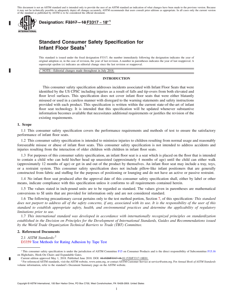 REDLINE ASTM F3317-18e1 - Standard Consumer Safety Specification for Infant Floor Seats