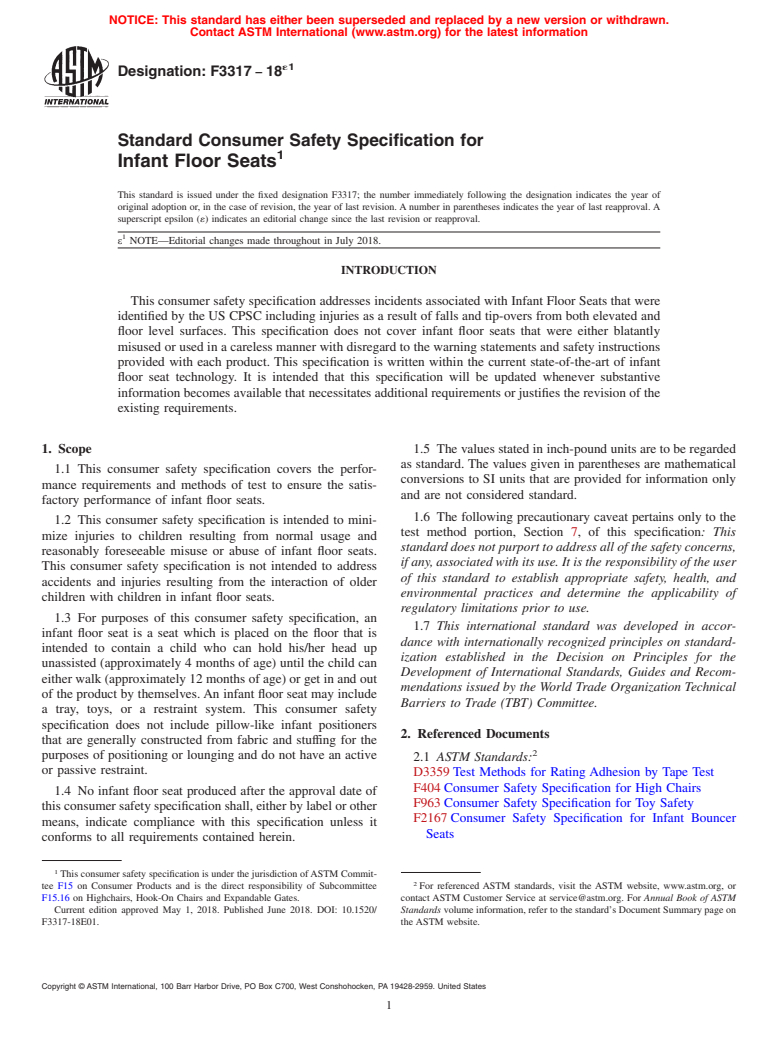 ASTM F3317-18e1 - Standard Consumer Safety Specification for Infant Floor Seats