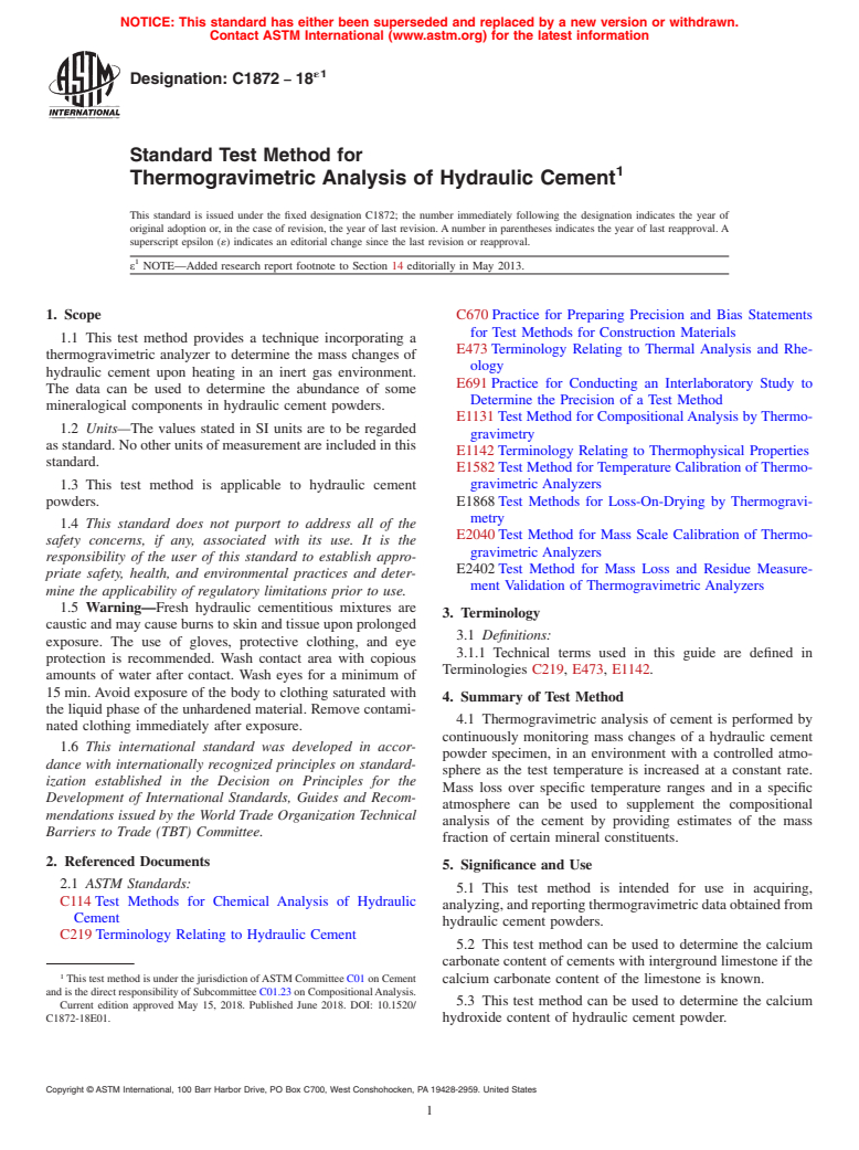 ASTM C1872-18e1 - Standard Test Method for Thermogravimetric Analysis of Hydraulic Cement