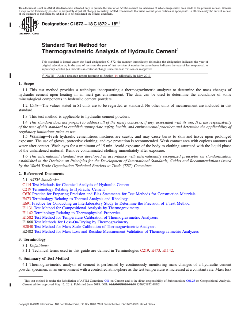 REDLINE ASTM C1872-18e1 - Standard Test Method for Thermogravimetric Analysis of Hydraulic Cement