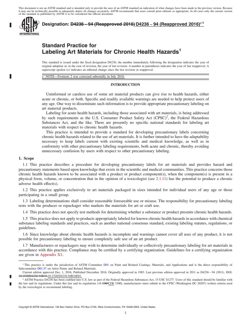 REDLINE ASTM D4236-94(2016)e1 - Standard Practice for Labeling Art Materials for Chronic Health Hazards