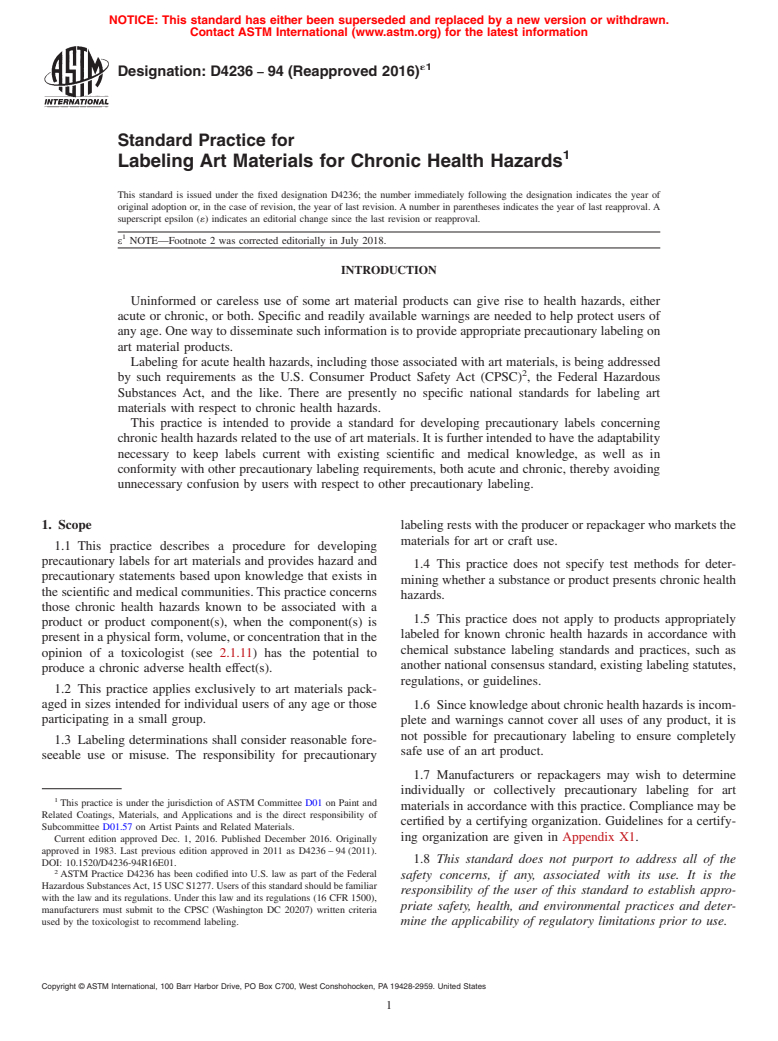 ASTM D4236-94(2016)e1 - Standard Practice for Labeling Art Materials for Chronic Health Hazards