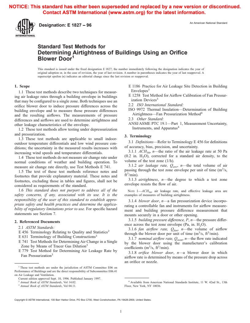 ASTM E1827-96 - Standard Test Methods for Determining Airtightness of Buildings Using an Orifice Blower Door