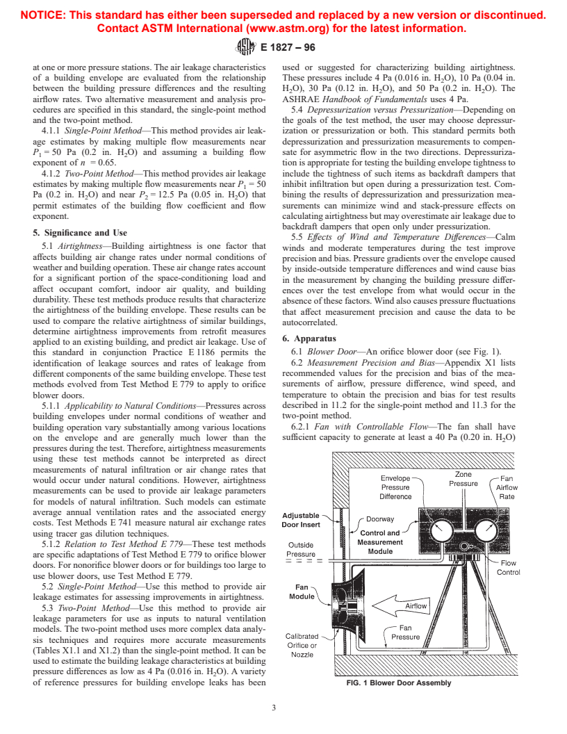 ASTM E1827-96 - Standard Test Methods for Determining Airtightness of Buildings Using an Orifice Blower Door