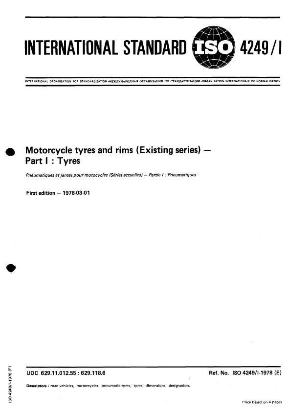 ISO 4249-1:1978 - Motorcycle tyres and rims (Existing series)