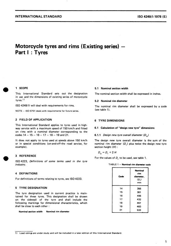 ISO 4249-1:1978 - Motorcycle tyres and rims (Existing series)