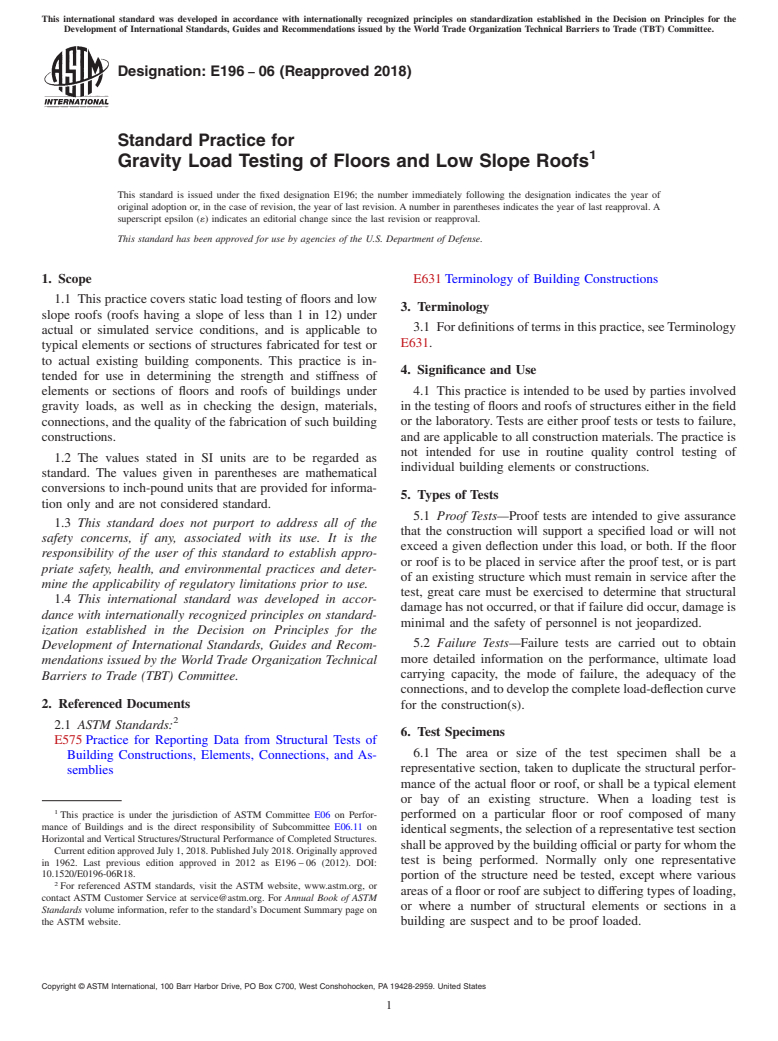 ASTM E196-06(2018) - Standard Practice for Gravity Load Testing of Floors and Low Slope Roofs