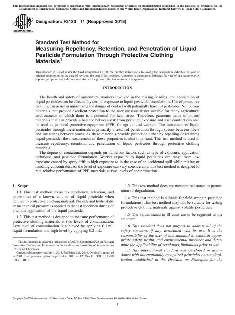 ASTM F2130-11(2018) - Standard Test Method for  Measuring Repellency, Retention, and Penetration of Liquid  Pesticide Formulation Through Protective Clothing Materials