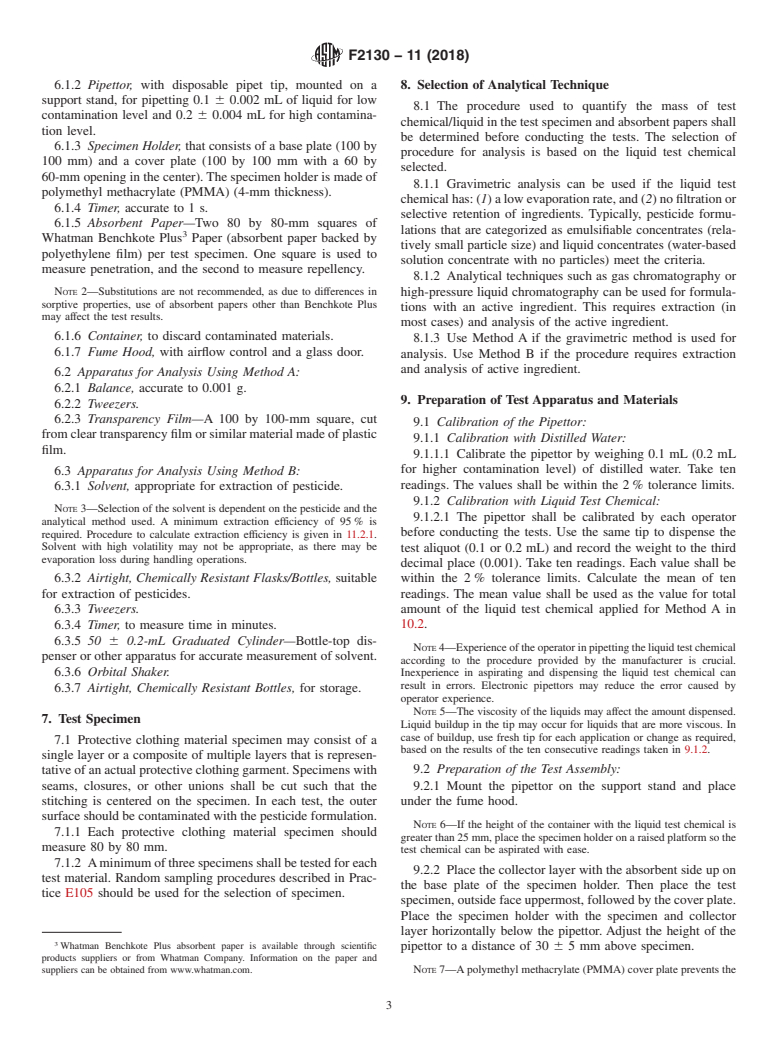 ASTM F2130-11(2018) - Standard Test Method for  Measuring Repellency, Retention, and Penetration of Liquid  Pesticide Formulation Through Protective Clothing Materials