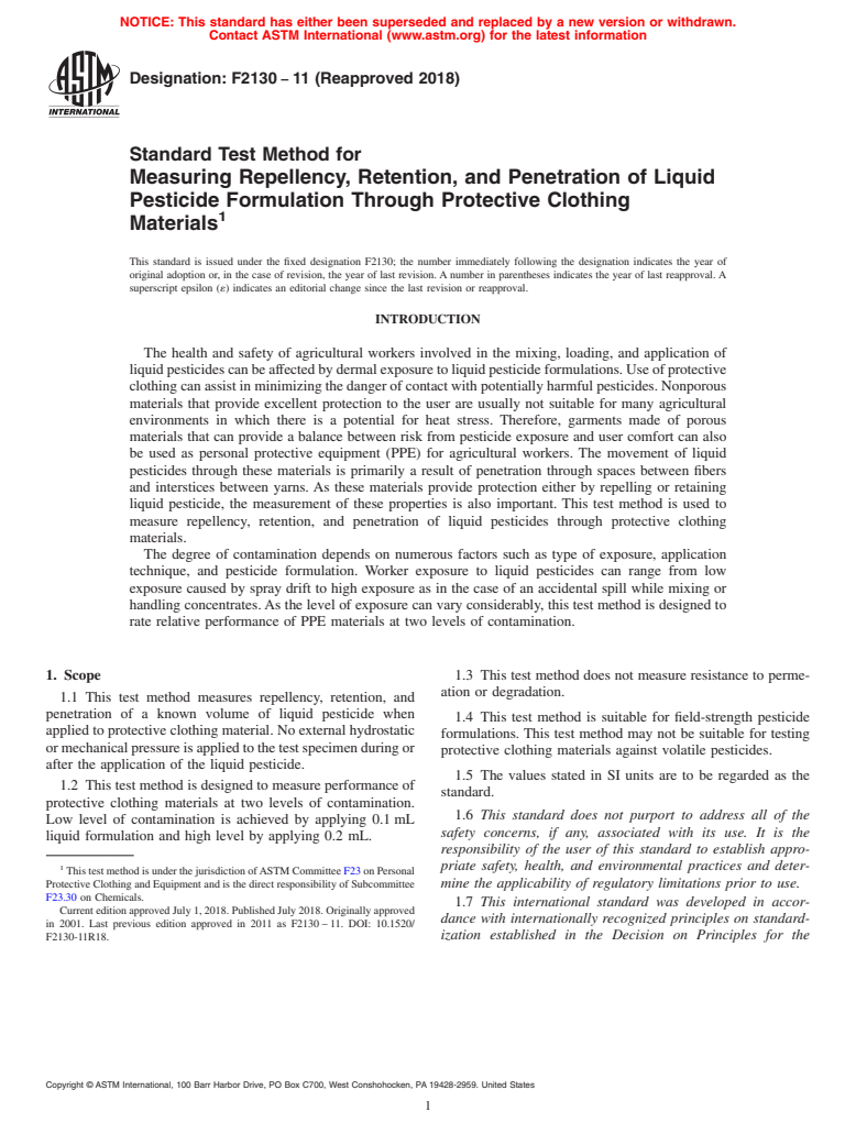 ASTM F2130-11(2018) - Standard Test Method for  Measuring Repellency, Retention, and Penetration of Liquid  Pesticide Formulation Through Protective Clothing Materials (Withdrawn 2023)