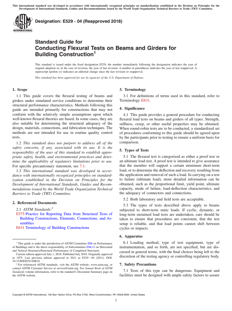 ASTM E529-04(2018) - Standard Guide for Conducting Flexural Tests on Beams and Girders for Building  Construction