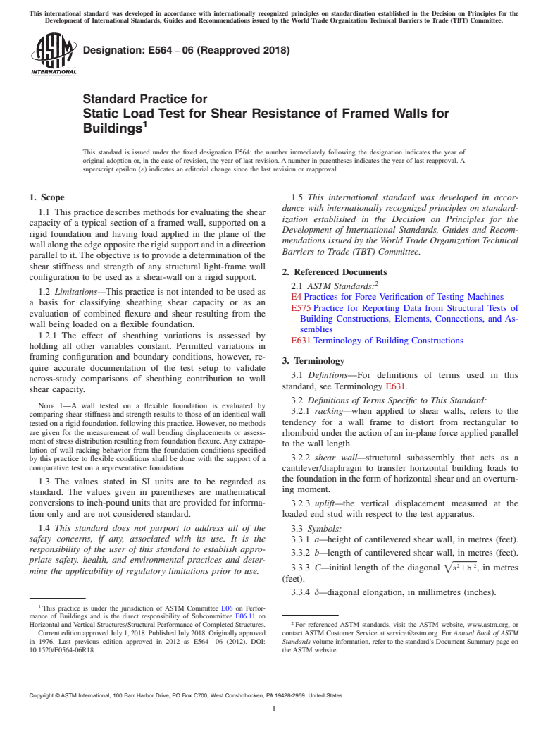 ASTM E564-06(2018) - Standard Practice for Static Load Test for Shear Resistance of Framed Walls for Buildings