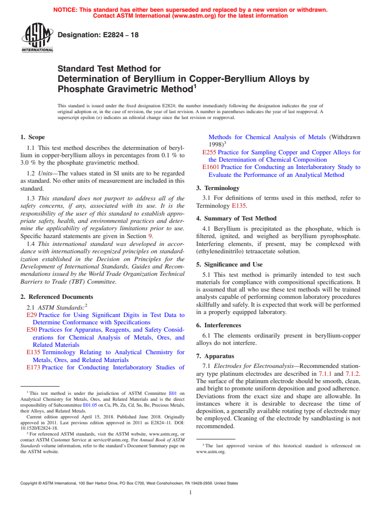 ASTM E2824-18 - Standard Test Method for  Determination of Beryllium in Copper-Beryllium Alloys by Phosphate  Gravimetric Method