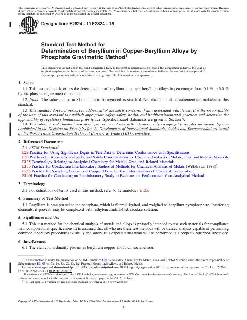 REDLINE ASTM E2824-18 - Standard Test Method for  Determination of Beryllium in Copper-Beryllium Alloys by Phosphate  Gravimetric Method