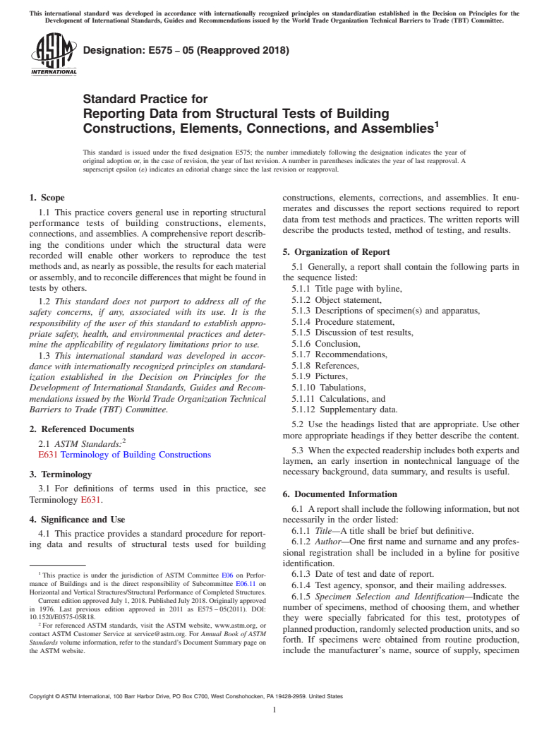 ASTM E575-05(2018) - Standard Practice for Reporting Data from Structural Tests of Building Constructions,  Elements, Connections, and Assemblies