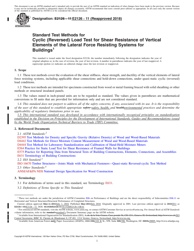 REDLINE ASTM E2126-11(2018) - Standard Test Methods for Cyclic (Reversed) Load Test for Shear Resistance of Vertical  Elements of the Lateral Force Resisting Systems for Buildings