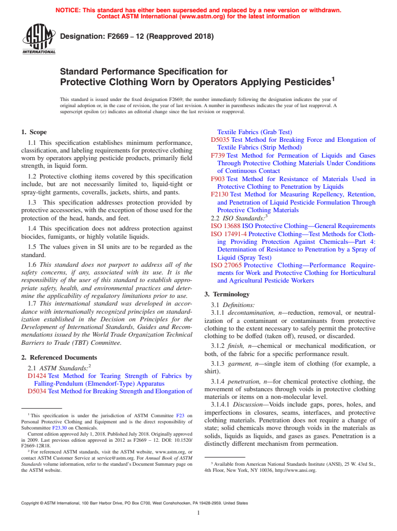 ASTM F2669-12(2018) - Standard Performance Specification for  Protective Clothing Worn by Operators Applying Pesticides (Withdrawn 2023)