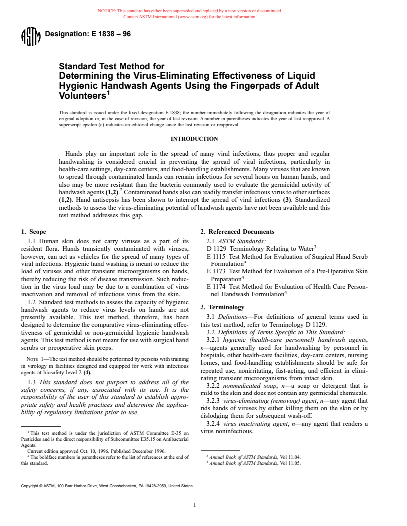 ASTM E1838-96 - Standard Test Method for Determining the Virus-Eliminating Effectiveness of Liquid Hygienic Handwash Agents Using the Fingerpads of Adult Volunteers