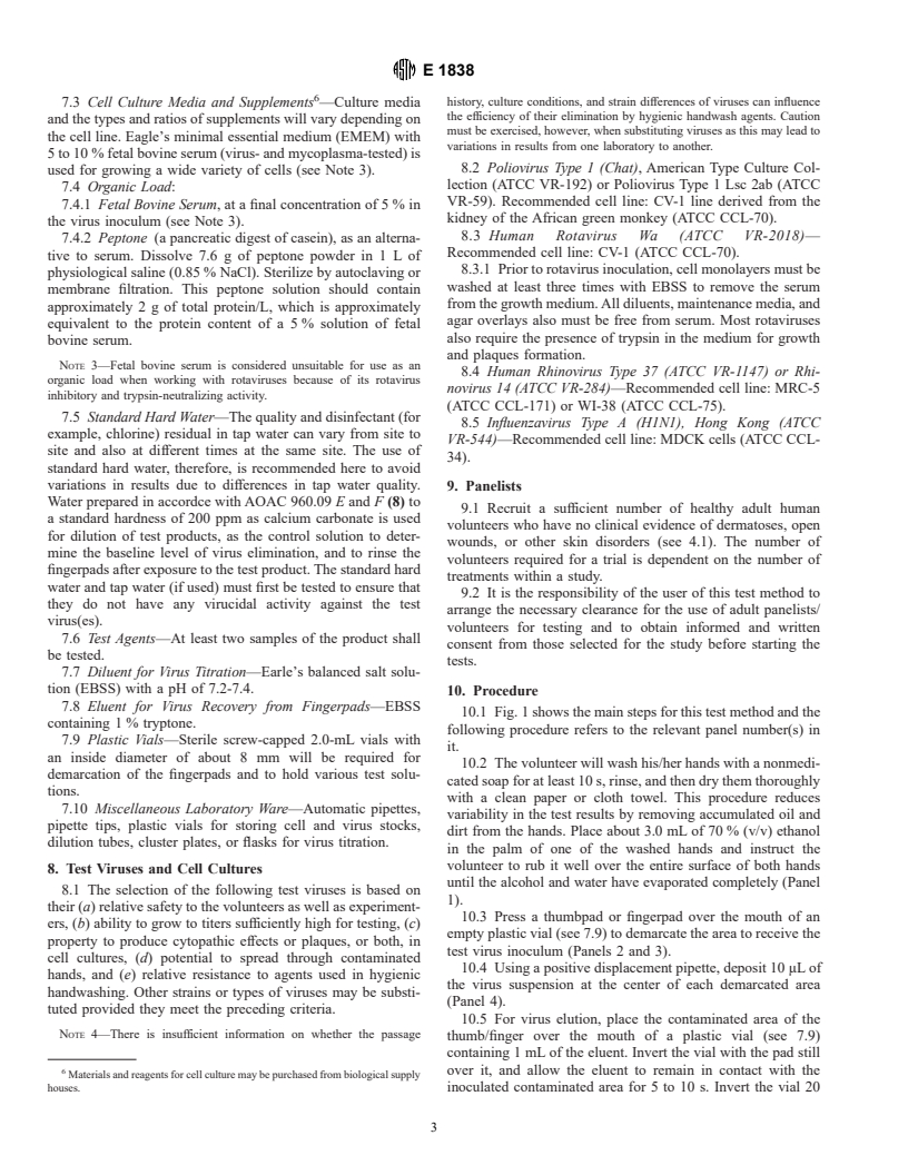 ASTM E1838-96 - Standard Test Method for Determining the Virus-Eliminating Effectiveness of Liquid Hygienic Handwash Agents Using the Fingerpads of Adult Volunteers