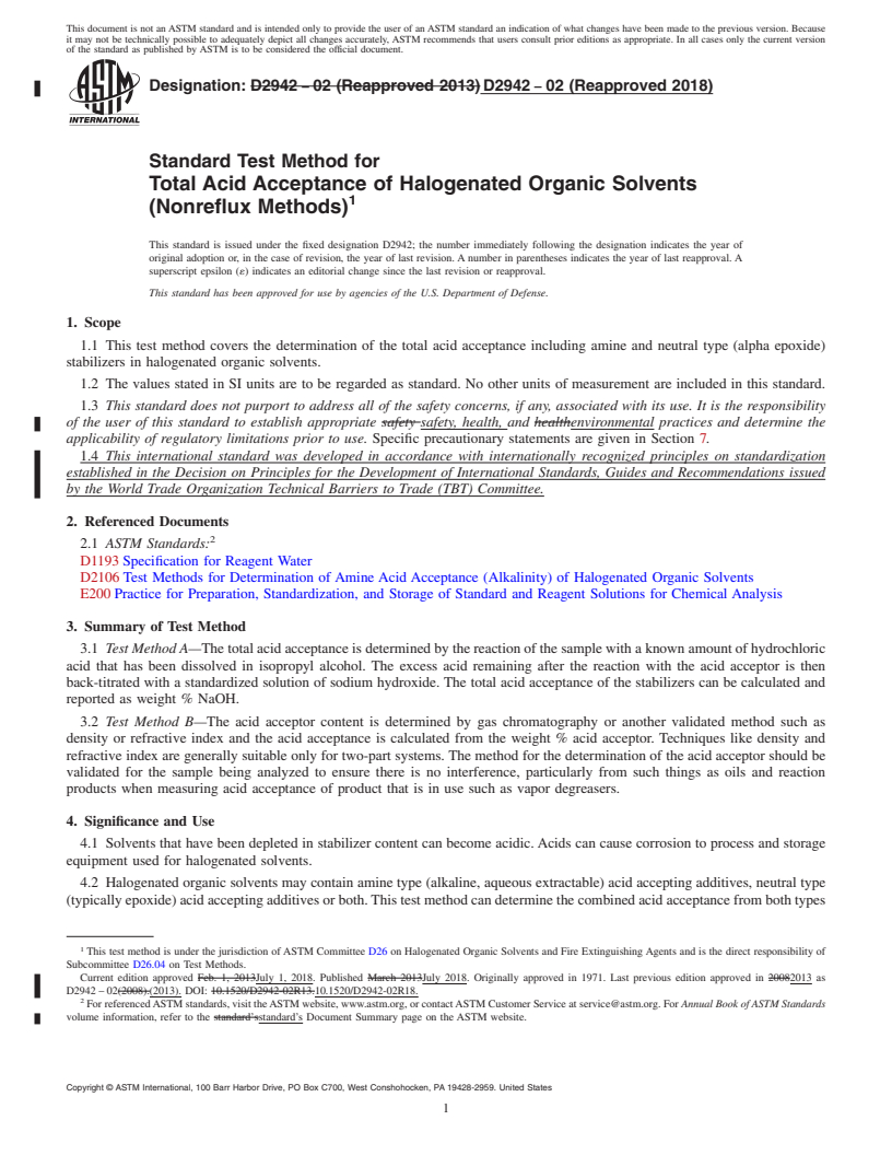 REDLINE ASTM D2942-02(2018) - Standard Test Method for Total Acid Acceptance of Halogenated Organic Solvents (Nonreflux  Methods)